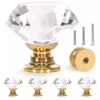5/10 шт., 30 мм кристально чистые стеклянные ручки для комода, ручки для ящиков с имитацией бриллиантов золотого цвета (Одно отверстие с тремя винтами разного размера) 5pcs