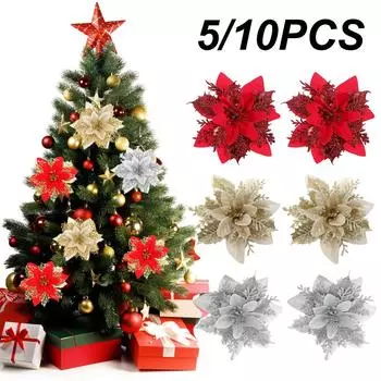 5/10PCS Christmas Glitter Artificial Flowers Xmas Tree Ornaments Used For Wreaths, Garlands, Party Decorations