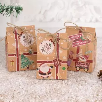 5/10pcs Merry Christmas Candy Box With Rop Kraft Paper House Santa Claus Cookie Gift Packaging Boxes 2024 New Year Party Decor 5pcs