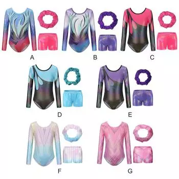 5-12 лет дети девочки длинный рукав балет гимнастика танцевальные костюмы танцевальные купальники топы + шорты + повязка на голову 8