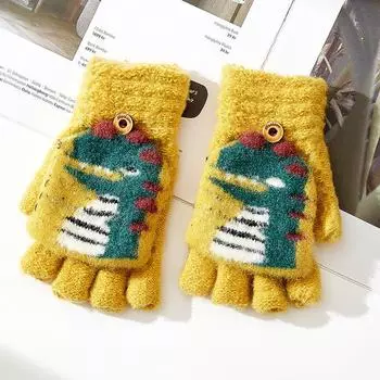 5-12 лет детские мультяшные вязаные полупальцевые перчатки зимние теплые милые динозавры мальчик студент письмо average size