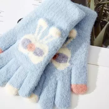 5-12 лет~среднего и старшего возраста зимние теплые перчатки для девочек вязаные пятипалые трехмерные кролики мультфильм милые студенты One Size