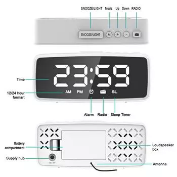 5,1-дюймовый цифровой радиобудильник, зеркальный будильник, 3-уровневый диммер, FM-радио с таймером сна, Radio Alarm Clock чёрный