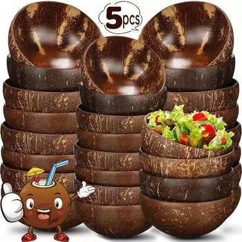 5/1 шт. Натуральные кокосовые миски для сервировки блюд, салата, овсянки, йогурта, многоразовые деревянные миски из кокосовой скорлупы, набор кухонных столовых приборов 1PC