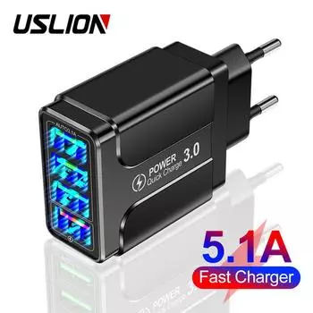 5.1A 4 USB Быстрое зарядное устройство Быстрая зарядка 4.0 3.0 Универсальное настенное зарядное устройство для iPhone 13 12 11 Samsung Xiaomi Зарядные устройства для мобильных телефонов Быстрая зарядка UK Plug белый