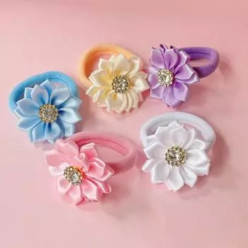 5/20pcs Crystal Flower Hair Ties Kids Girls Hair Bands Elastic Nylon Headband Floarl Ponytail Holder Hair Accessory for Girls