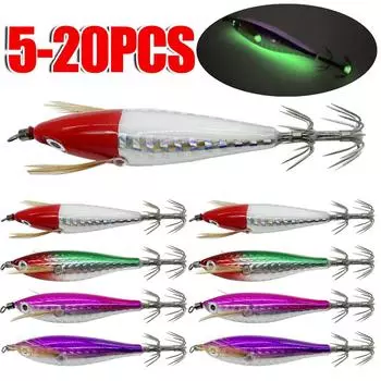 5-20pcs Luminous Fishing Bait 5.5g Luminous Octopus Fishing Bait Artificial Bait Squid Jigging Wood Shrimp Hooks Octopus Bait 5pcs