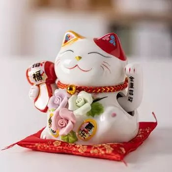 5,2-дюймовая керамическая фигурка Манеки-нэко, машущая рукой, подзывающая кошку, цветок, украшение для рабочего стола, статуэтка кошки удачи