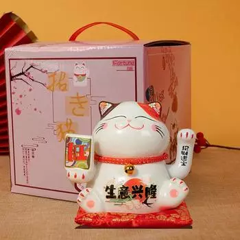5,5-дюймовый керамический манящий кот Манеки Неко Украшение Фэн-шуй Качели Удачливый кот на батарейках Бизнес-подарок