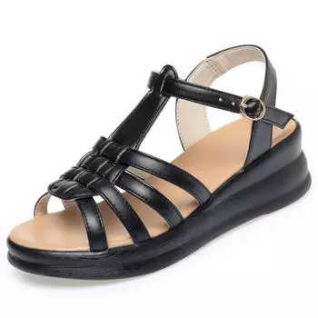 5,5 см Удобные Подходящие ко всему Мягкие кожаные сандалии-гладиаторы Обувь на платформе 2025 Лето Женские Средний каблук Клинья Сандалии Офис Мама 35 чёрный