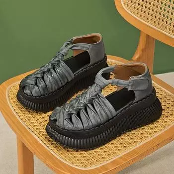 5.5CM Cow Genuine Leather Flats Hollow Mary Jane Platform Wedge Booties Sandals Hook Pumps Flats Women Boots Summer Shoes 35