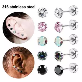 5/8 пар сережек-гвоздиков унисекс из нержавеющей стали с кубическим цирконием для взрослых, серьги-гвоздики со спиральной застежкой для клуба, вечеринки, поездок на работу B