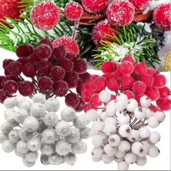 5 Bundle Double Heads Berries Bouquet Stamen Wire Flower Stem Wreath Accessories Wedding красный