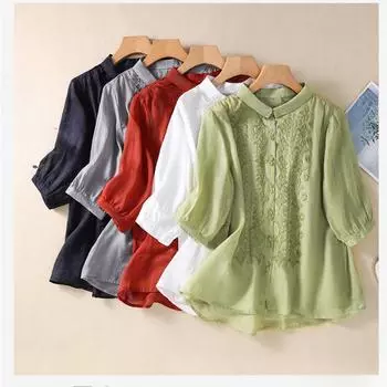 5-цветная хлопково-льняная рубашка с рукавом три четверти с вышитым цветком, женская свободная летняя литературная рубашка в стиле ретро с лацканами XXL белый