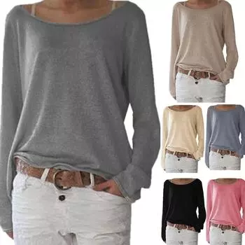 5 цветных женщин с длинным рукавом пуловер повседневный свободный трикотаж свитер рубашка джемпер топы XL тёмно-синий