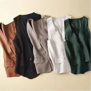 5-цветный хлопковый и льняной жилет без рукавов с v-образным вырезом, повседневный жилет без рукавов, тонкая верхняя одежда, жилет, женская куртка XXL чёрный