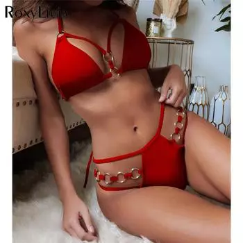 5 цветов Холтер с металлическими кольцами на бретелях, бикини, женские купальники, женский купальник, комплект из двух частей, комплект бикини, купальный костюм, купальный костюм S чёрный