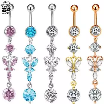 5 цветов из нержавеющей стали, длинные свисающие кольца для пупка с цветком и фианитами, украшения для тела для женщин золотой