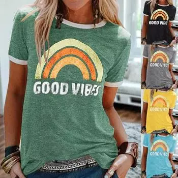 5 цветов, летняя новая женская мода, повседневная футболка с радужным принтом, с круглым вырезом и коротким рукавом, женская футболка, хлопковые свободные летние топы больших размеров S красный