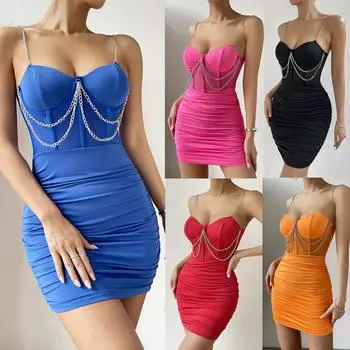 5 цветов, новая мода, сексуальная сетчатая цепочка, однотонное плиссированное платье на бедрах с запахом L чёрный