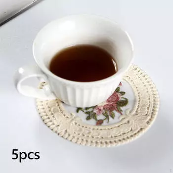 5 Drink Coasters Featuring Hollow Lace Design, Diameter 12 cm for Office and Party бежевый