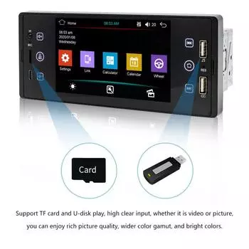 5-дюймовый однодиновый автомобильный стерео BT MP5-плеер FM-радиоприемник Поддержка подключения USB/AUX/TF Управление на рулевом колесе с емкостным сенсорным экраном чёрный