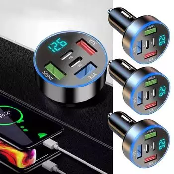 5 In 1 Car Phone Charger Adapter With Voltage Display Dual 2PD+3USB Port Super Fast Charge For IPhone OPPO U1I0