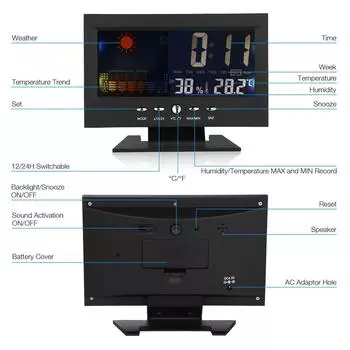 5-in-1 Led Digital Alarm Clock Energy Saving Calendar Weather LCD Display Thermometer Humidity Monitor With Snooze Functions чёрный