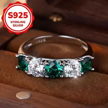 5 камней полувечность стерлингового серебра 925 пробы кольца для женщин мода круглая огранка белый зеленый циркон кольцо ювелирные изделия подарок 6 зелёный/серебряный