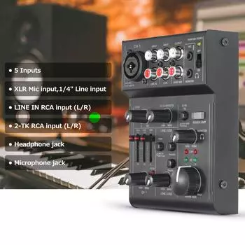 5-канальный компактный аудиомикшер Консоль для микширования звука USB-аудиоинтерфейс 2-полосный эквалайзер Встроенное эхо чёрный