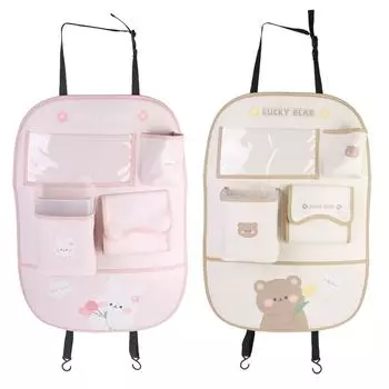 5 карманов для хранения вещей, органайзер для заднего сиденья автомобиля, защитный коврик для детей, мультяшный стиль, держатель для планшета с сенсорным экраном и съемным пластиковым мусорным баком Bear бежевый