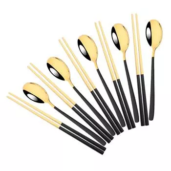 5 компл., черный, золотой, портативный дорожный набор столовых приборов, палочки для еды, ложка, нержавеющая сталь 304, корейский набор столовой посуды, роскошный набор посуды