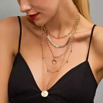 5-слойное ожерелье, модное многослойное позолоченное ожерелье с подвеской в виде лунного идола, богемное ожерелье, ювелирные изделия, цепочка для свитера