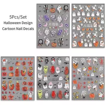 5 листов 5D наклеек для нейл-арта на Хэллоуин: паутина, череп, летучая мышь для украшения ногтей