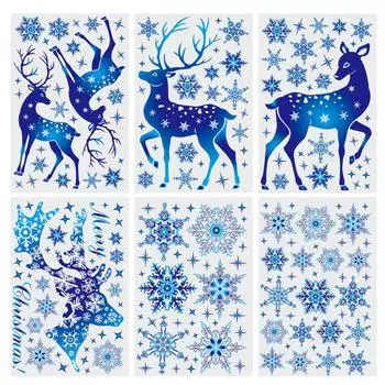 5 листов Рождественские украшения наклейки Украшение стеклянных окон Синий лось Статические наклейки на окна Рождественские снежинки Съемные статические наклейки из ПВХ 1PCS-01