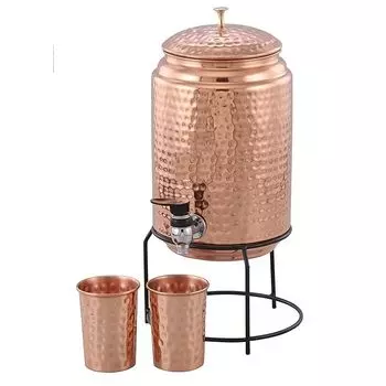 5 Litre Copper Water Dispenser with Stand and 2 Glasses BPA Free, Non-Toxic Hammered Texture, Rustproof & Durable with Added Health Benefits of Copper