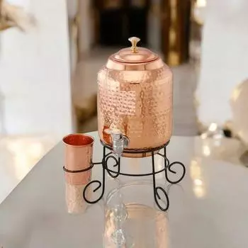 5 Litre Hammered Copper Water Dispenser (Matka/Pot) Container Pot with 1 Copper Glass and Stand Pure Copper and Ayurvedic Health Benefits (5000 ml)