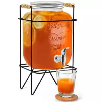 5-литровый стеклянный диспенсер для воды с подставкой - Герметичная крышка Стеклянный кувшин для детокс-воды - Банка Мейсона - Настольный
