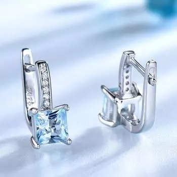 5 мм Nano Sky Blue Topaz Square 925 Sterling Silver Clip Earrings AAA White Round Zircon Women Earrings небесно-голубой