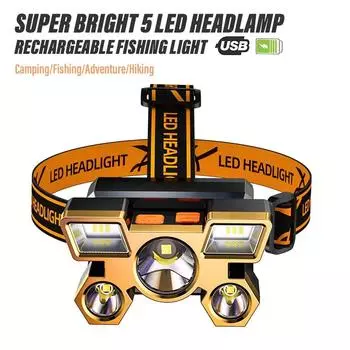 5*Мощный светодиодный налобный фонарь, супер яркий перезаряжаемый фонарь для рыбалки и кемпинга, фонарь для дальнего света, фонарик