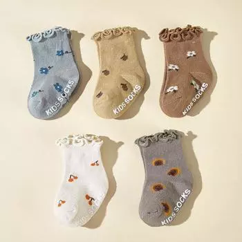 5 Pairs a Lot Flower Baby Socks Cute Cherry Printed Kids Girls Floor Socks Toddler Anti Slip Adhesive Socks 0-6M