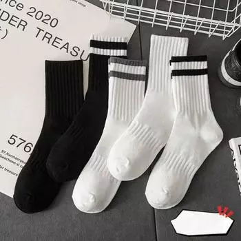 5 Pairs Black White Solid Color Mid Tube Socks Vertical Striped Suitable Both Men Women Sweat Absorbing Breathable Casual Socks One Size