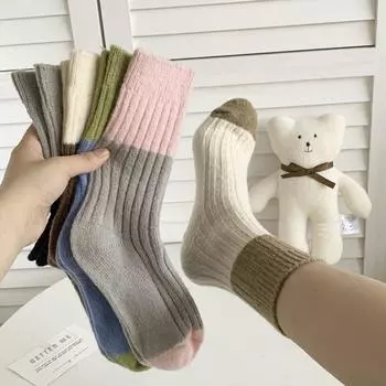 5 Pairs Colorblock Crew Socks, Thick Warm Mid Tube Socks For Fall & Winter, Women s Stockings & Hosiery One-size