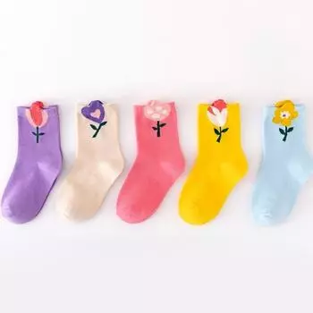 5 Pairs Girls Socks Cute Cartoon Flower Pattern Comfortable Breathable Kids Socks M 3-5Y 14-16cm