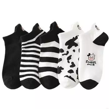 5 Pairs Novelty Cartoon Cow Animal Print Low Cut Boat Socks Women Girls Black White Casual Summer Cotton Tab Back Ankle