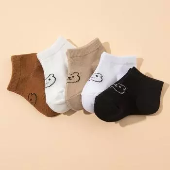 5 pairs of baby socks, cute bear-pattern elastic ankle socks, neutral baby socks, soft and suitable for newborns 6-12 M
