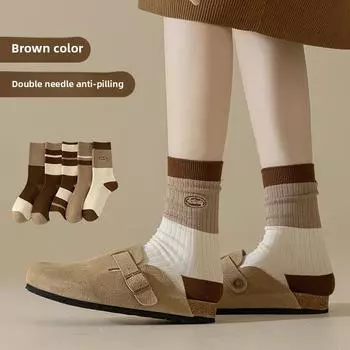 5 Pairs of Female Spring and Autumn Boneless Embroidery Color Matching Does Not Drop The Tube In The Tube Pile Socks 5 Pairs