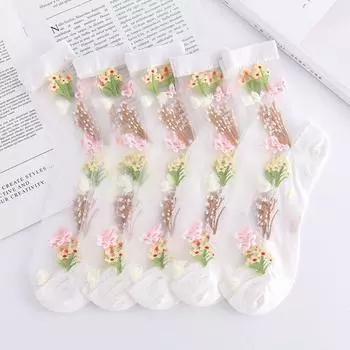 5 Pairs of Summer Socks for Women Thin Breathable Cotton Sole Anti Hook Silk, Elderly and Women High Tube Crystal Silk Cotton Socks 5 pairs