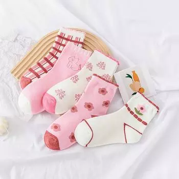 5 Pairs Pink Flower Knit Warm Childrens Socks For Girls Socks Kids Womens Cute Cartoon Medium Stockings 4-8Y L