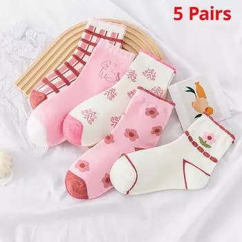 5 Pairs Pink Flower Knit Warm Childrens Socks For Girls Socks Kids Womens Cute Cartoon Medium Stockings 4-8Y L